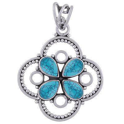 Alluring Flower w/ Wire & Rawa Work Around Turquoise Pear Shape 925 Sterling Solid Silver Pendants - R101740-3