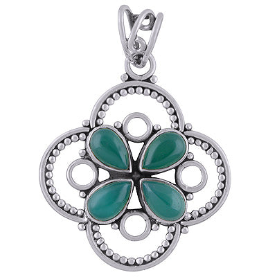 Alluring Flower w/ Wire & Rawa Work Around Green Onyx Pear Shape 925 Sterling Solid Silver Pendants - R101740-7