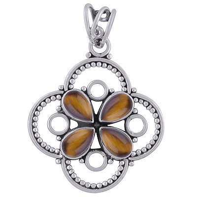 Alluring Flower w/ Wire & Rawa Work Around Tiger's Eye Pear Shape 925 Sterling Solid Silver Pendants - R101740-8