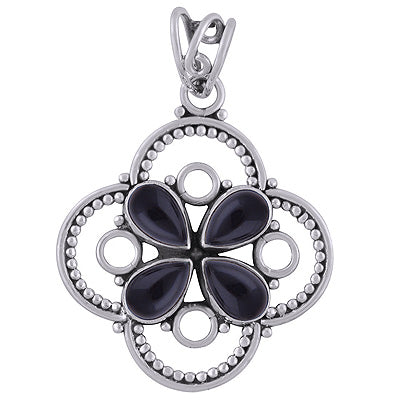 Alluring Flower w/ Wire & Rawa Work Around Black Onyx Pear Shape 925 Sterling Solid Silver Pendants - R101740-9