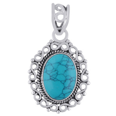 Alluring Handcrafted Work Around Turquoise Oval Shape 925 Sterling Solid Silver Pendant - R101779-2