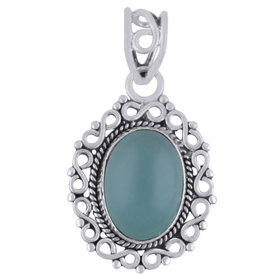 Alluring Handcrafted Work Around Aqua Chalcedony Oval Shape 925 Sterling Solid Silver Pendant - R101779-6