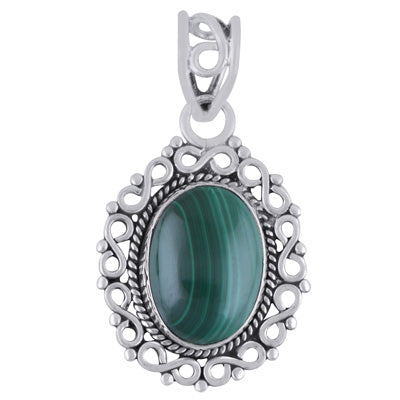 Alluring Handcrafted Work Around Malachite Oval Shape 925 Sterling Solid Silver Pendant - R101779-8