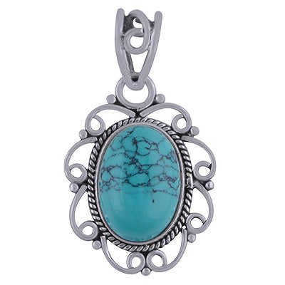Beautiful Rawa & Wire Work Around Turquoise Oval Shape 925 Sterling Solid Silver Pendant - R101780-2