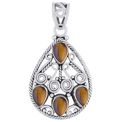 Gorgeous Coil Wire Work Around Tiger's Eye Pear Shape 925 Sterling Solid Silver Pendant - R101786-17