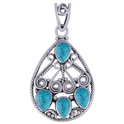 Gorgeous Coil Wire Work Around Turquoise Pear Shape 925 Sterling Solid Silver Pendant - R101786-3