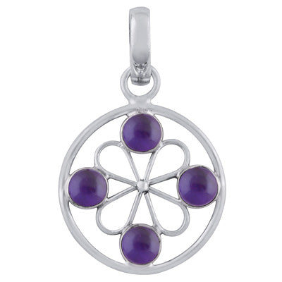 Gorgeous Gemstone Flower Around Amethyst Round Shape 925 Sterling Solid Silver Pendant - R101788-1