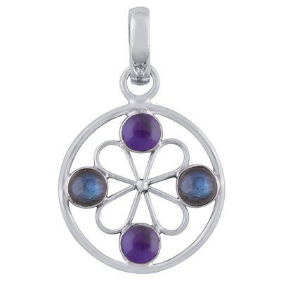 Gorgeous Gemstone Flower Around Amethyst,Labradorite Round Shape 925 Sterling Solid Silver Pendant - R101788-20