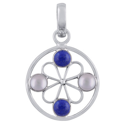 Gorgeous Gemstone Flower Around Lapis,Pearl Round Shape 925 Sterling Solid Silver Pendant - R101788-22