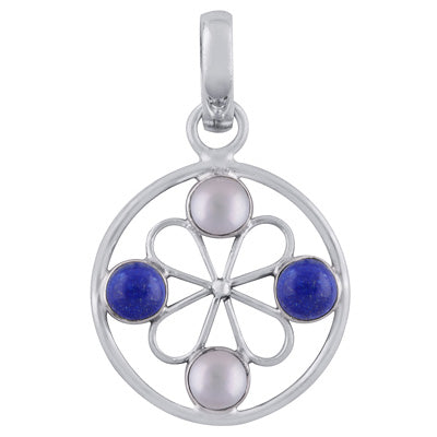 Gorgeous Gemstone Flower Around Lapis,Pearl Round Shape 925 Sterling Solid Silver Pendant - R101788-23