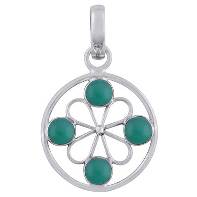 Gorgeous Gemstone Flower Around Green Onyx Round Shape 925 Sterling Solid Silver Pendant - R101788-24