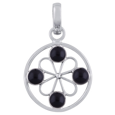 Gorgeous Gemstone Flower Around Black Onyx Round Shape 925 Sterling Solid Silver Pendant - R101788-9