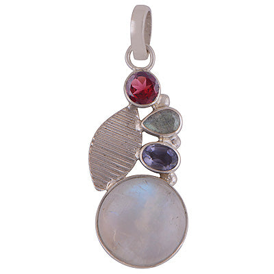 Alluring Four Stone Rainbow Moonstone,Garnet,Labradorite,Iolite Round Shape 925 Sterling Solid Silver Pendant - R101866-14