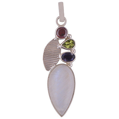 Alluring Four Stone Rainbow Moonstone,Garnet,Peridot,Iolite Pear Shape 925 Sterling Solid Silver Pendant - R101866-18