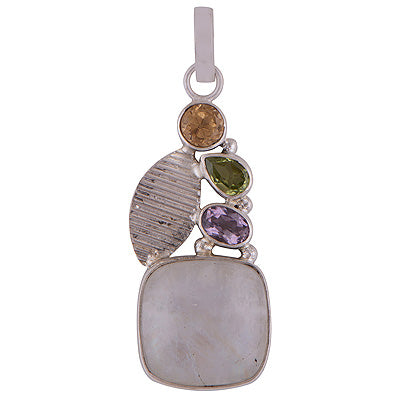 Alluring Four Stone Rainbow Moonstone,Citrine,Peridot,Amethyst Square Shape 925 Sterling Solid Silver Pendant - R101866-21