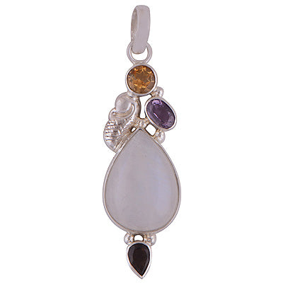 Unique Designed Four Stone Rainbow Moonstone,Citrine,Smoky Topaz,Amethyst Pear Shape 925 Sterling Solid Silver Pendant - R101868-16