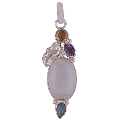 Unique Designed Four Stone Rainbow Moonstone,Citrine,Amethyst,Labradorite Oval Shape 925 Sterling Solid Silver Pendant - R101868-7