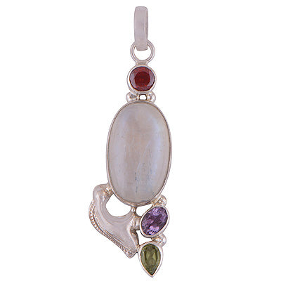Beautifully Designed Four Stone Rainbow Moonstone,Garnet,Amethyst,Peridot Oval Shape 925 Sterling Solid Silver Pendant - R101869-10