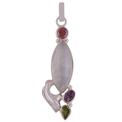 Beautifully Designed Four Stone Rainbow Moonstone,Garnet,Amethyst,Peridot Marquise Shape 925 Sterling Solid Silver Pendant - R101869-24