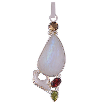 Beautifully Designed Four Stone Rainbow Moonstone,Citrine,Garnet,Peridot Fancy Shape 925 Sterling Solid Silver Pendant - R101869-25