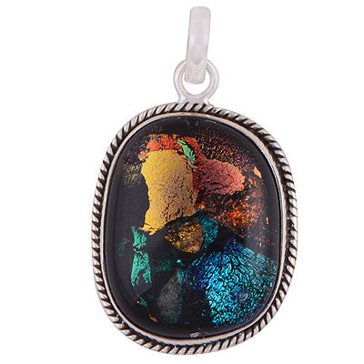 Stunning Twisted wire Around Colorful Gemstone Dichroic Glass Rectangle Shape 925 Sterling Solid Silver Pendant - R101882-32