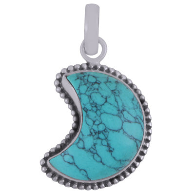 Stunning Rawa Work Around Crescent Turquoise Moon Shape 925 Sterling Solid Silver Pendant - R101889-52