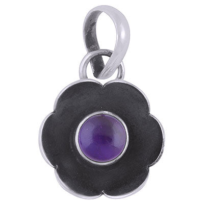 Gorgeous oxidised flower around Amethyst Round Shape 925 Sterling Solid Silver Pendant - R101901-1