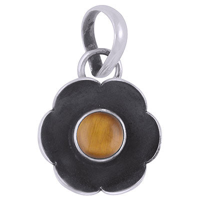 Gorgeous oxidised flower around Tiger's Eye Round Shape 925 Sterling Solid Silver Pendant - R101901-11