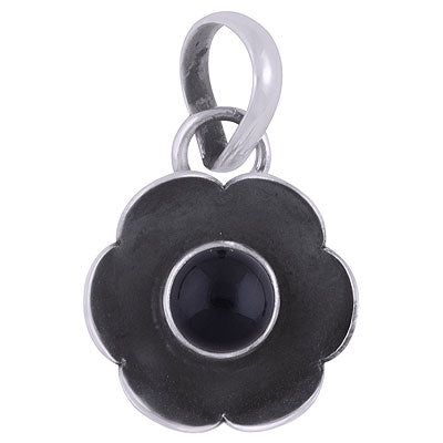 Gorgeous oxidised flower around Black Onyx Round Shape 925 Sterling Solid Silver Pendant - R101901-15