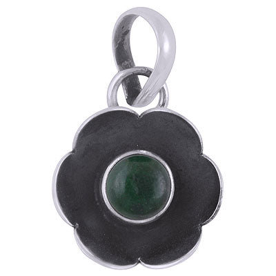 Gorgeous oxidised flower around Green Jade Round Shape 925 Sterling Solid Silver Pendant - R101901-9
