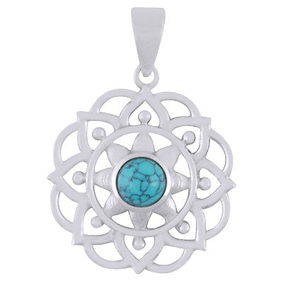 Alluring Flower Work Around Turquoise Round Shape 925 Sterling Solid Silver Pendant - R101905-14