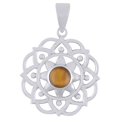 Alluring Flower Work Around Tiger's Eye Round Shape 925 Sterling Solid Silver Pendant - R101905-18