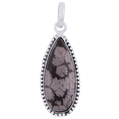 Alluring Rawa Work Around Snowflake Obsidian Pear Shape 925 Sterling Solid Silver Pendant - R101923-11