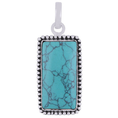 Alluring Oxidised Rawa Work Around Turquoise Rectangle Shape 925 Sterling Solid Silver Pendant - R101927-1