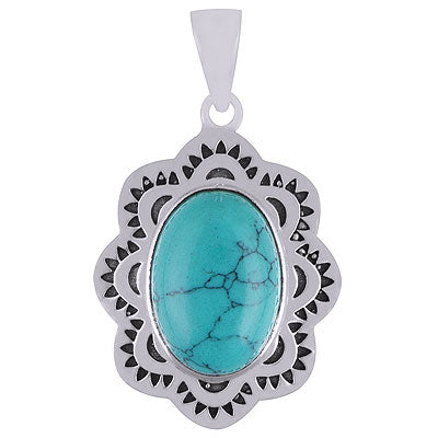 Alluring Oxidised Cut Work Around Turquoise Oval Shape 925 Sterling Solid Silver Pendants - R101929-2