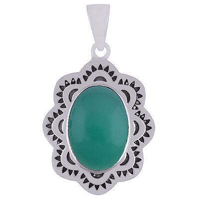 Alluring Oxidised Cut Work Around Green Onyx Oval Shape 925 Sterling Solid Silver Pendants - R101929-7