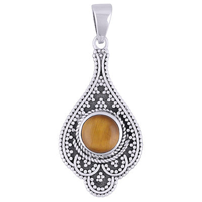 Alluring Rawa Work Around Tiger's Eye Round Shape 925 Sterling Solid Silver Pendant - R101932-11