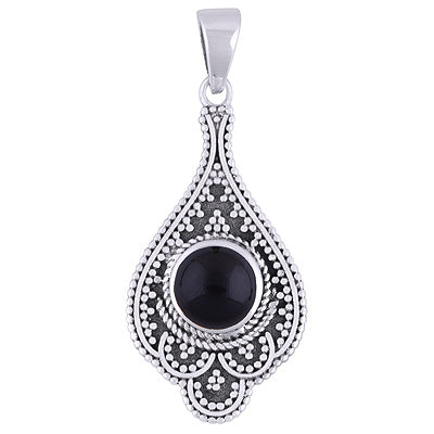 Alluring Rawa Work Around Black Onyx Round Shape 925 Sterling Solid Silver Pendant - R101932-12