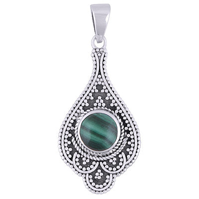 Alluring Rawa Work Around Malachite Round Shape 925 Sterling Solid Silver Pendant - R101932-13