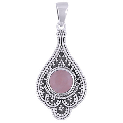 Alluring Rawa Work Around Rose Quartz Round Shape 925 Sterling Solid Silver Pendant - R101932-14