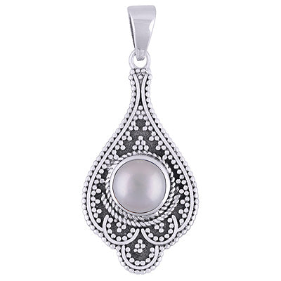Alluring Rawa Work Around Pearl Round Shape 925 Sterling Solid Silver Pendant - R101932-15
