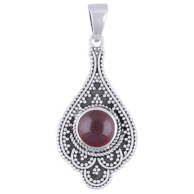 Alluring Rawa Work Around Garnet Round Shape 925 Sterling Solid Silver Pendant - R101932-2