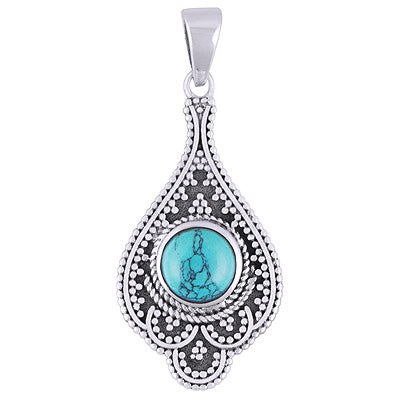 Alluring Rawa Work Around Turquoise Round Shape 925 Sterling Solid Silver Pendant - R101932-3