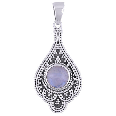 Alluring Rawa Work Around Rainbow Moonstone Round Shape 925 Sterling Solid Silver Pendant - R101932-4