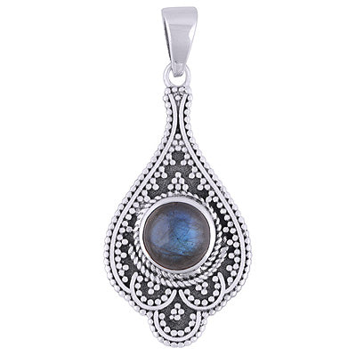 Alluring Rawa Work Around Labradorite Round Shape 925 Sterling Solid Silver Pendant - R101932-5