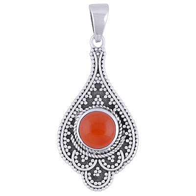 Alluring Rawa Work Around Carnelian Round Shape 925 Sterling Solid Silver Pendant - R101932-7