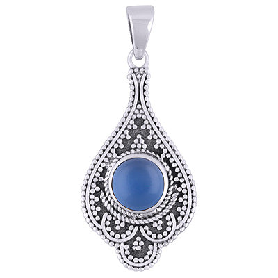 Alluring Rawa Work Around Blue Chalcedony Round Shape 925 Sterling Solid Silver Pendant - R101932-9