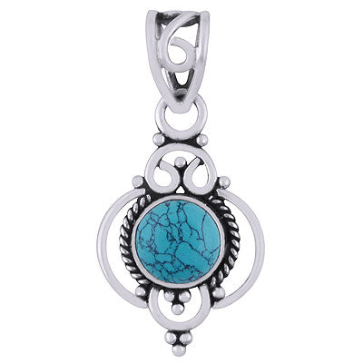 Beautiful Twisted Wire Work Around Turquoise Round Shape 925 Sterling Solid Silver Pendant - R101945-3