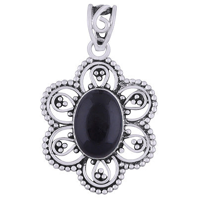 Gorgeous Flower Rawa And Wire Work Around Black Onyx Oval Shape 925 Sterling Solid Silver Pendants - R101947-12