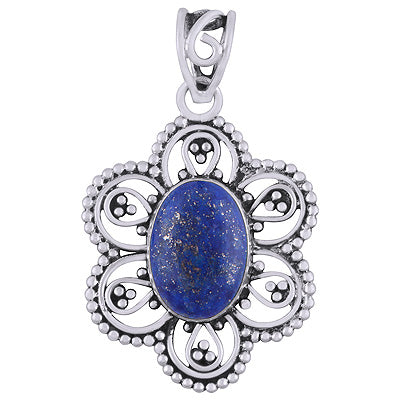 Gorgeous Flower Rawa And Wire Work Around Lapis Oval Shape 925 Sterling Solid Silver Pendants - R101947-13